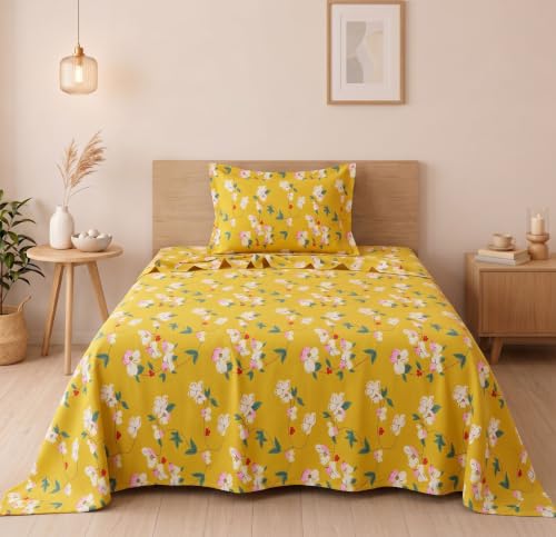 Image of BSB HOME 210 TC Cotton Feel Single Bedsheet with 1 Pillow Cover, Soft & Breathable Floral Printed Bed Sheet, Fade Resistant, Bedding for Home & Bedroom, 60 x 90 Inches (152 x 229 cm) (Spiced Amber)