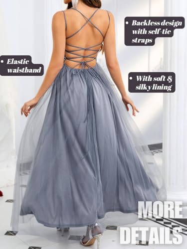 Image of ShawGobow Tulle Prom Dress with Slit,Sequin Backless Long Flowy Dresses for Women,Sexy Sparkly Outfits Homecoming Wedding