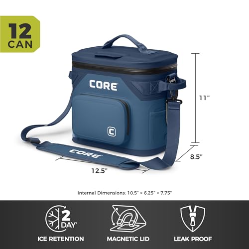 Image of CORE Magnetic Leak Proof Soft Cooler with Waterproof Zipper | Insulated Bag Portable Ice Chest Box | Best Soft Cooler for Food & Beverages for Tailgating, Car Camping, Travel, and Family Beach Picnics