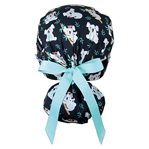 Image of Scrub Cap for Women and Men, Ponytail Scrub Caps, Working Hat, Head Cover with Ribbon Ties and Buttons, Long Hair