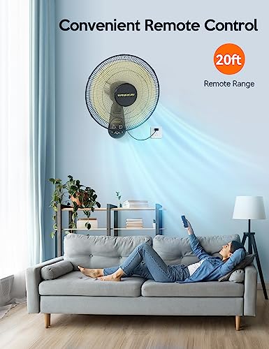 VAGKRI Wall Mount Fan, 16 Inch Wall Fan with 5 Blades, 5 Speeds, 8 Hour Timer, 90° Oscillating Quiet Fan with Remote for Home Office Bedroom Living Room Garage