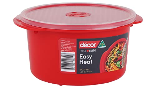 Décor Microsafe Round Container 1.5L | BPA Free | Microwave Bowl |Steam Release Vent| Dishwasher Safe, Red