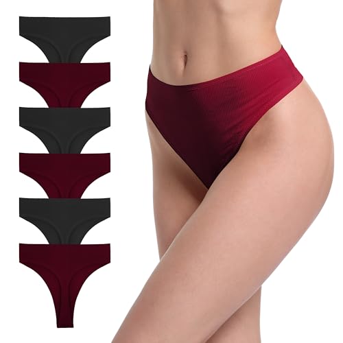 Image of 6 Pack Women's Ribbed Cotton Thongs High Waist Panties Underwear | GAREDOB 6 Pack Women's Ribbed Cotton Thongs High Waist Seamless Panties Plus Size High Rise No Show Underwear