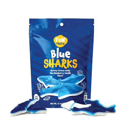 Funtasty Blue Sharks Gummy Candy - 11 Ounce Bag - Blue Raspberry Marshmallow Flavor