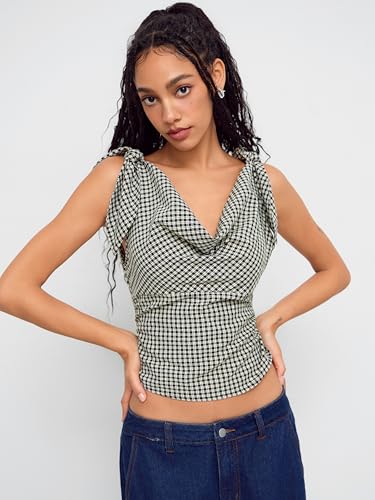 CIDER Plaid Tank Top Cowl Neck Knotted Sleeveless Cami Top Checks Cotton Blend Women's Shirt Blouse Casual3