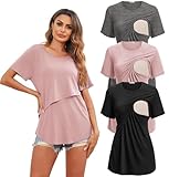 Ekouaer Stillshirt Modal Umstandsmode 3er Pack Weich Kurzarm Sommer Still Tshirt Stilloberteile Damen Stilltop für Schwangere, Rosa + Dunkelgrau + Schwarz, M