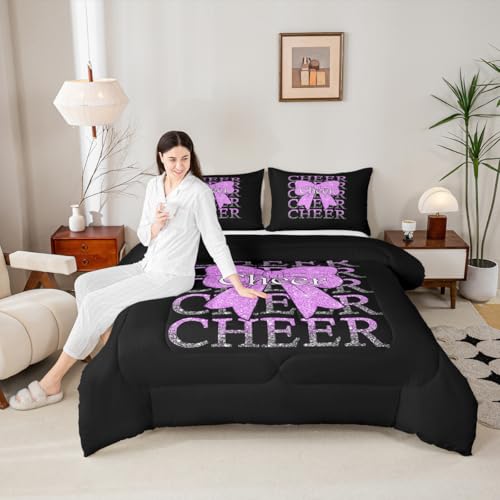 Image of Feelyou Cheer Bow Kids Comforter Set Full Size Cheerleading Bedding Set Funny Sport Duvet Quilt for Kids Boys Girls Bedroom Purple Decor Microfiber Ultra Soft Breathable