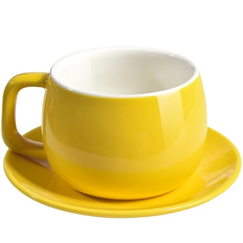 ionEgg Taza de café de porcelana con platillo de 270 ml, diseño minimalista, perfecta para café con leche, capuchino y té, color amarillo