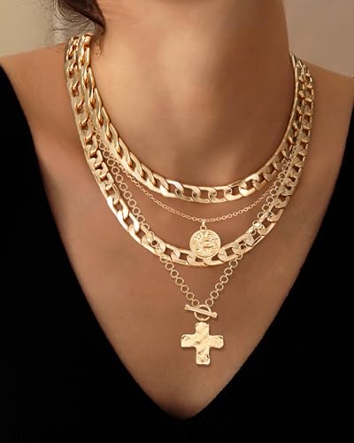 MJartoria Gold Layered Necklaces for Women Trendy Retro Coin and Cross Pendant Necklace Dainty Chunky Chain Necklaces for Jewelry Birthday Gifts2