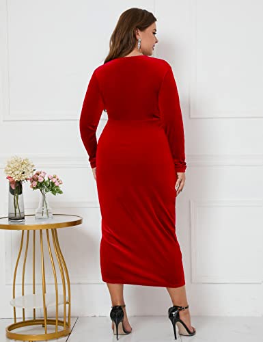 Image of ZOMVA Plus Size Velvet Wrap Dress Ruched Bodycon Dress Long Sleeves Ruffle Long Elegant Party Wedding Guest Cocktail Holiday