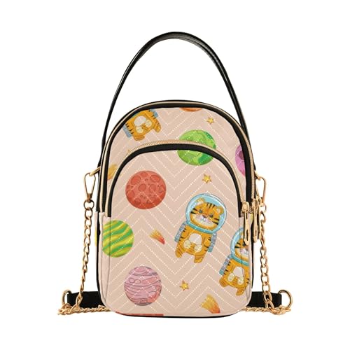 Shoulder Purse for Women Cute Cartoon Tigers Astronaut Quilted Phone Bags with Chain Strap Cute Zipper Satchel Crossbody Tote, 5.9