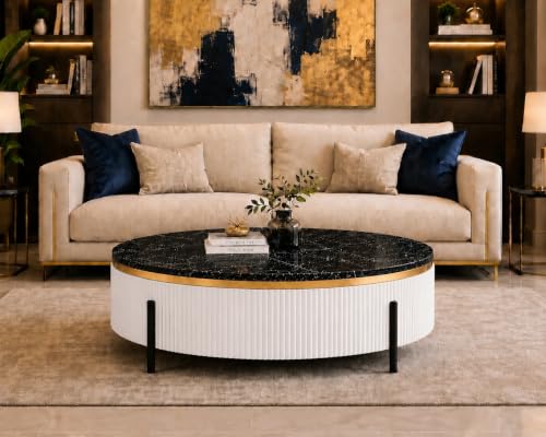 Image of WOODEN SPACE Premium Luxury Nazaara Marble-Top Coffee Table with Iron Legs & PVD Coating | Modern Round Wooden Center Table for Living Room & Entryway