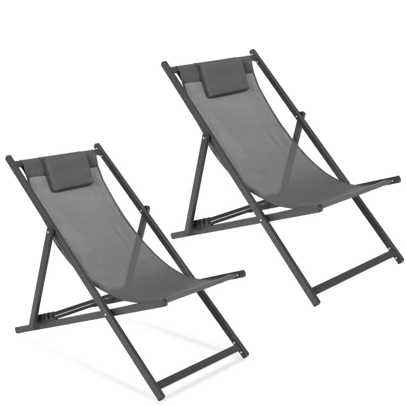 IDMarket - Lot de 2 chiliennes Lota en Acier et Toile textilène Gris Clair