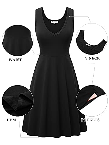 Image of HUHOT Womens Sleeveless V Neck Dress with Pocket Summer Beach Midi Flared Tank Dress