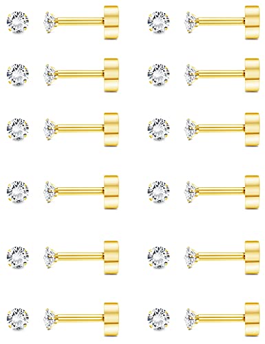 FASACCO 12 Pairs 14K Flat Back Earrings 20G Cartilage Earring Stud Tiny 2MM 3MM 4MM Flat Back Stud Earrings