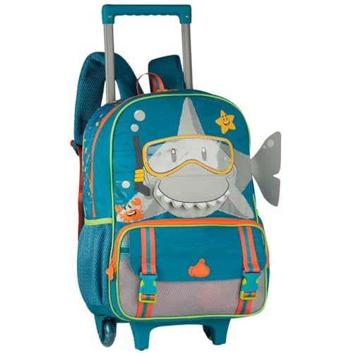 Mochila Escolar Infantil com Rodinhas, Design Personagem Tubarão 3D, Alça Retrátil, P/Criança Menino, Material Resistente (Mochila de Rodinhas Tubarão)