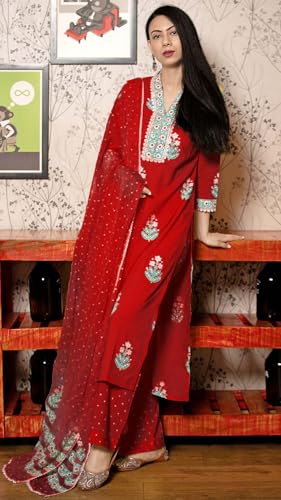 Image of GoSriKi Women's Cotton Blend Straight Hand Block Printed Kurta with Pant & Dupatta | Ethnic Wear for Women | Indian Casual Office Daily Summer Outfit