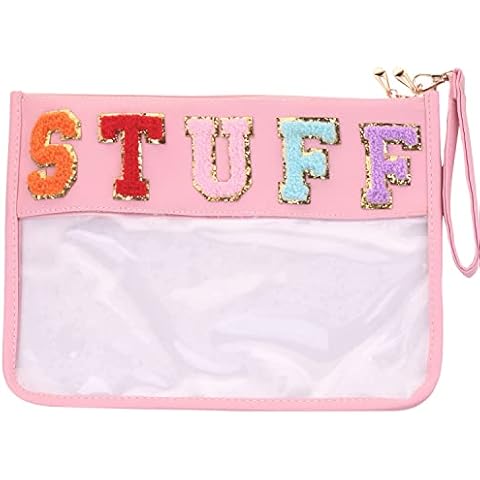 Multi-purpose Chenille Letters Patch Pouch Clear Handbag PU Cosmetic Bag with Wrist Strap,Makeup Travel Bag for Women Girls, Pink-STUFF, Fashion Cover