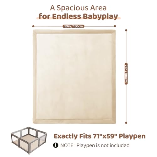 Image of Baby Play Mat for Floor, 1.3 Inch Thick Memory Foam Tummy Time Mat with Non Slip Backing, Soft Coral Velvet 59X71 Inch Playpen Mat Crawling Tatami for Infants Toddlers Kids, Beige
