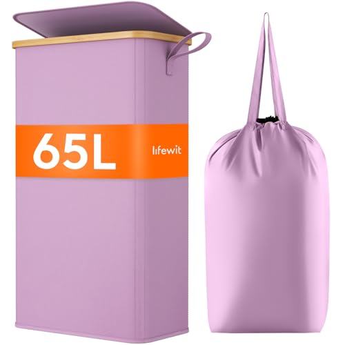 Lifewit Cesto Ropa Sucia Estrecho con Tapa 65L, Cesto de Ropa Plegable con Bolsa Extraíble y Asa, Cesta Ropa Sucia de Bambú, Cubo de Ropa para Dormitorio, Baño, Lavandería, Dormitorio, Violeta