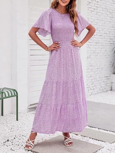 Zesica Women'S 2024 Summer Casual Floral Print Short Flutter Sleeve Crew Neck Smocked High Waist Flowy Maxi Dress,Purple,X-Large thumb #1