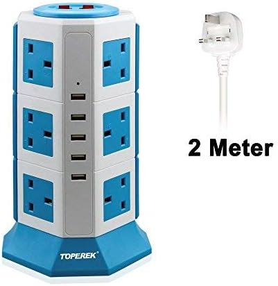 TOPEREK Power Strip Tower Surge Protector Electric Charging Station 3000W 13A 16AWG 12 Outlet Plugs with 5 USB Slot 9.6ft Cord Wire Extension Universal Charging Station Office (Blue)
