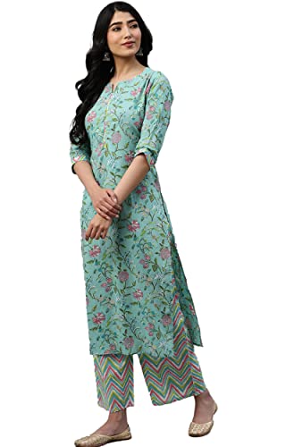Image of Amayra Women's Cotton Printed Straight Kurti with Palazzos and Dupatta Set