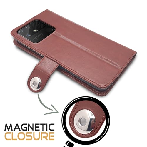 Image of Pikkme Realme Narzo 50A Flip Cover Leather Finish | Inside TPU with Card Pockets | Wallet Stand and Shock Proof | Complete Protection Button Flip Case (Brown)