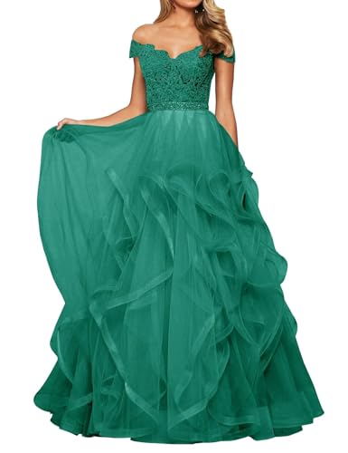 SPSMOKH Vestido de noche largo de tul para mujer, de encaje, con hombros descubiertos, acampanado, vestido de graduación, vestido de graduación con cuello en V (pavo real, 32)
