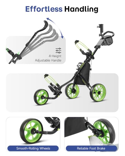 Image of findway Golf Push Cart 3 Wheel, Lightweight & Compact Fold Golf Bag Cart, Golf Caddy Push Carts with Foot Brake, Adjustable Handle, Mesh Bag, Storage Bag, Umbrella & Drink Holder