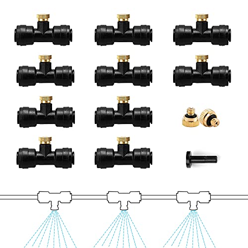 EONBON Misting Nozzles 1/4,Mister Nozzles 12pcs with 10 pcs Thread Misting Nozzle Tees and 1 pcs Plug,for misting System for Patio and Garden