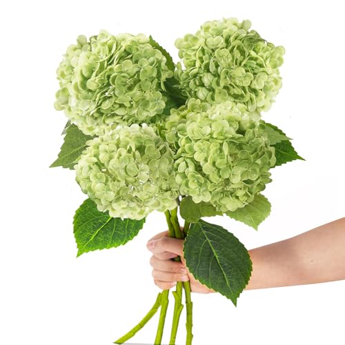 Pmyra 20 4Pcs Green Faux Hydrangea Flowers Real Touch Fake Hydrangeas Bouquet Hydrangea Artificial Flowers with Leaves Stems for Centerpiece Arrangements Wedding Party Home Dcor