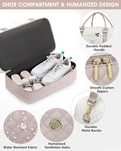 여성용 여행용 위켄더 백, 휴대용, 오버나이트 백, 신발 수납 공간 포함, 베이지 핑크 1개, 라지, 별도의 신발 칸이 있는 위켄더 백 — 사진 5