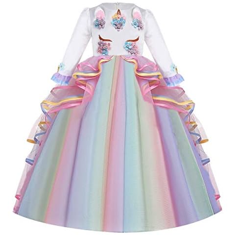 HOIZOSG Girls Unicorn Birthday Costume Princess Tulle Dress Long Sleeve Halloween Carnival Christmas Party Wedding Pageant Dance Ball Gown Multicoloured 10-11T Cover