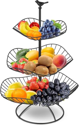 Wylnsie Cesta de frutas de metal de 3 niveles, 3 niveles, frutero y cesta de verduras para mostrador de cocina o mesa de comedor, almacenamiento estable de frutas, ahorro de espacio, color negro
