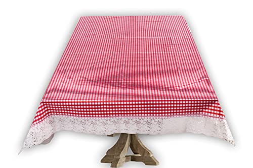 Image of The Furnishing Tree Waterproof PVC Rectangle Shaped 2 Seater Table Cover WxL 45x70 inches Pin Check Pattern Pink with White Border lace