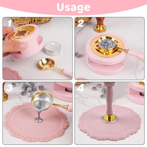 Image of HASTHIP Wax Seal Stamp Set - 15 Multicolor Beads, 6 Random Stamps, Pink Cat Claw Handle, Warmer, Spoon, 10 Tealights, Silicone Mat, Craft & DIY Gift Kit For Personalized Invitations & Packaging