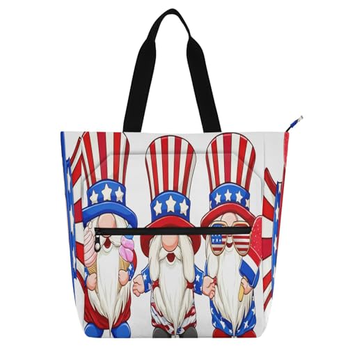 Independence Day Gnome Book Tote Bag,Large Capacity Handbag with Zipper Perfect for School,Travel,Shopping