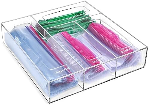 Puricon Ziplock Bag Organizer Acrylic Food Storage Containers for Drawer, Kitchen Bag Organizer Compatible with Gallon Quart Sandwich Snack -Clear