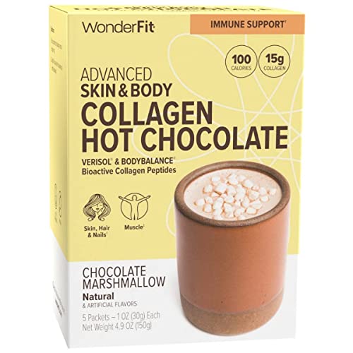 WonderFit Skin & Body Collagen Hot Chocolate, Chocolate Marshmallow, 15g Collagen Peptides, Keto Friendly (5ct)