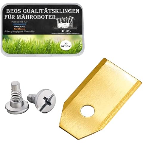 BEOS® 30 x Premium Titan Ersatzmesser + Schrauben - Ersatzklingen für Premiummarken Husqvarna, Gardena, Yard Force, McCulloch, Powerworks - 0,75 mm Blattstärke für langes Rasenmäher Vergnügen Cover