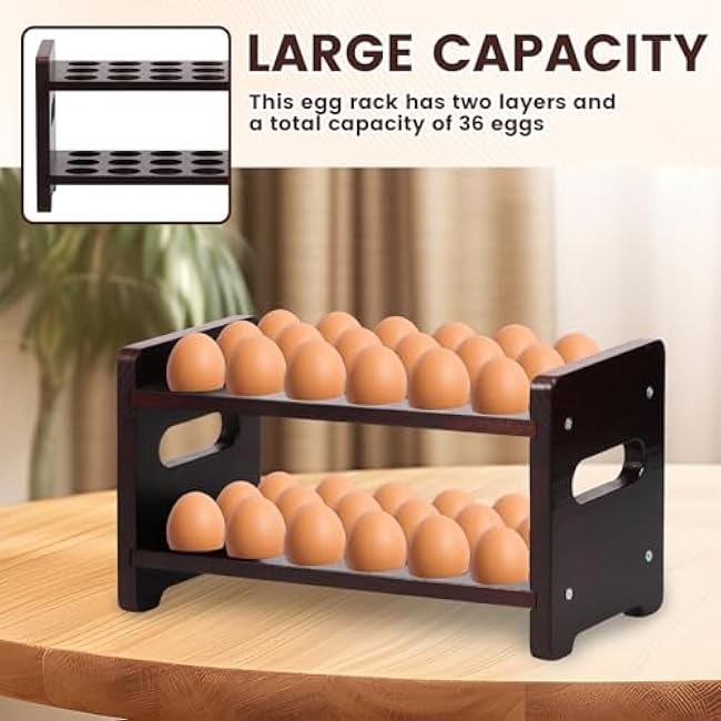 Wooden Egg Holder Countertop, 2-Tier 36-Egg Storage Rack, Farmhouse Egg Basket for Gathering Fresh Eggs, Egg Tray Storage Display Stand, Kitchen Counter Top Organizer for Chicken Duck Quail Eggs