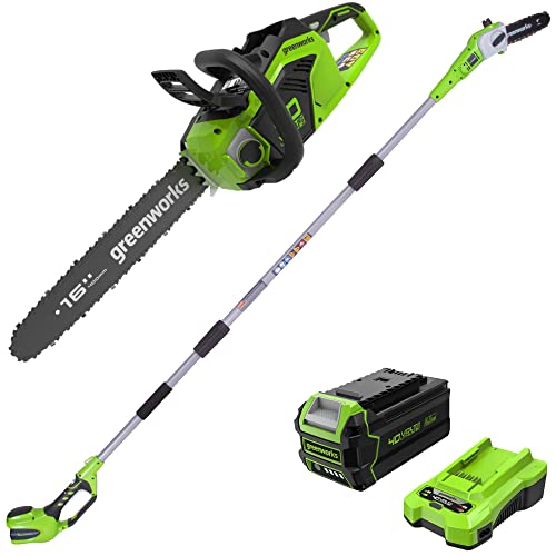 Greenworks 40V 16´´ Brushless Chainsaw, 4Ah USB Battery and Charger Included CS40L412 with 40V 8.5’‘ Cordless Pole Saw 20302 Combo kit