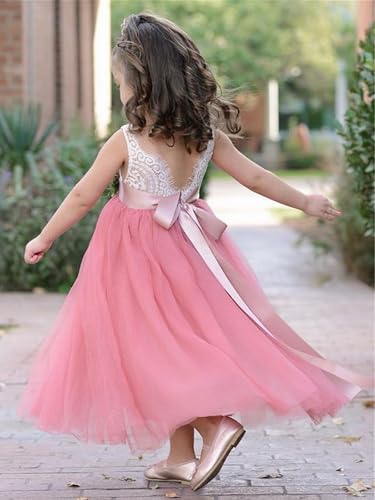 Image of 2Bunnies Girl Peony Lace Back A-Line Straight Tutu Tulle Party Flower Girl Dress