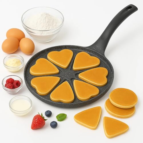 BAKAJI Sartén para mini tortitas con forma de corazón, olla antiadherente para desayuno, brunch, desiert, placa de 26 cm, ideal para cocinas de gas, eléctrica, vitrocerámica, halógena, inducción