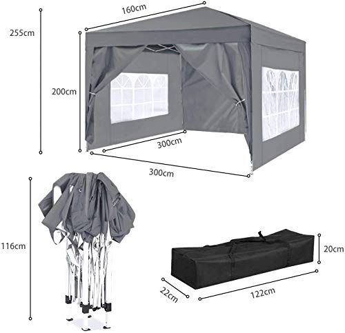 ISE Pavillon 3x3 mit Seitenwänden, Faltpavillon stabil inkl.Tragtasche, Pavillion klappbar 3x3m UV-Schutz 50+,Partyzelt höhenverstellbar für Garten,Grau – Bild 6