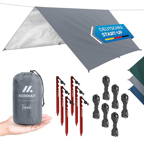 NORDMUT Tarp 3x3/4m wasserdicht für optimalen Regen- und Sonnenschutz Robuste Zeltplane kleines Packmaß mit Ösen Tarp Ultraleicht für Camping & Wandern (Grau 300 x 300 cm)