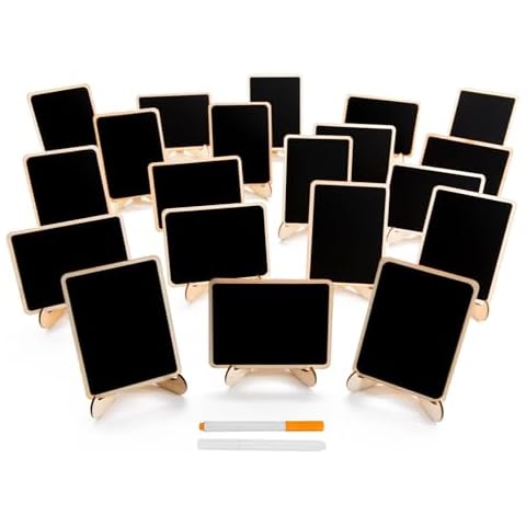 DSTELIN 20 Pack Wood Mini Chalkboards Signs with Support Easels, Place Cards, Small Rectangle Chalkboards Blackboard for Weddings, Birthday Parties, Message Board Signs and Event Decorations Cover