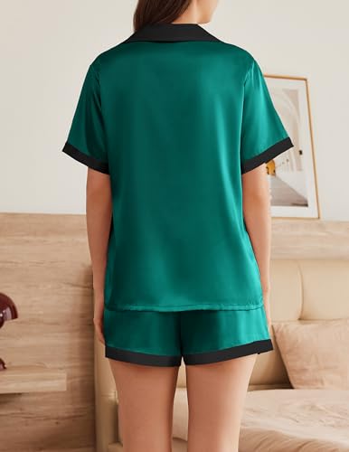 Image of Ekouaer Womens Silk Satin Pajama Set Short Sleeve PJs 2 Piece Button Down Top and Shorts Notch Collar Sleepwear Sets Soft Pjs