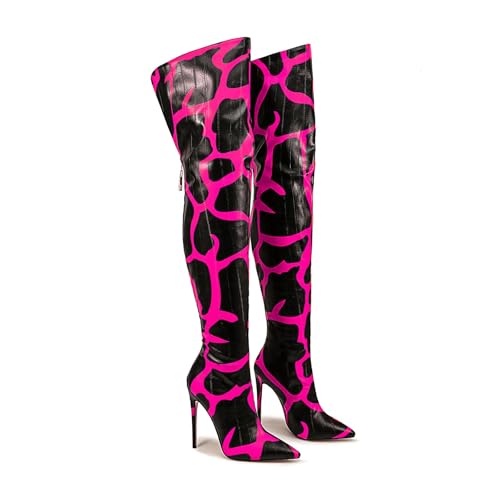 Image of Thigh high boots for women striped Back zipper Burgundy Zebra Print Over the knee Sexy gold white pointed toe Cow Print leopard Magenta stiletto heel